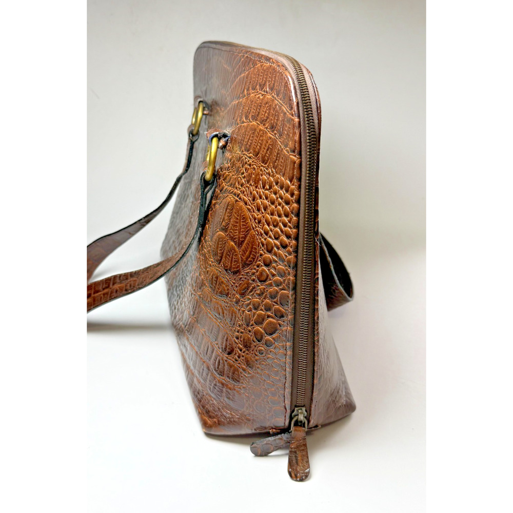 Vintage Octopus Brand XL Brown Leather Satchel Bag Croc Embossed Handbag Brass - Picture 3 of 16